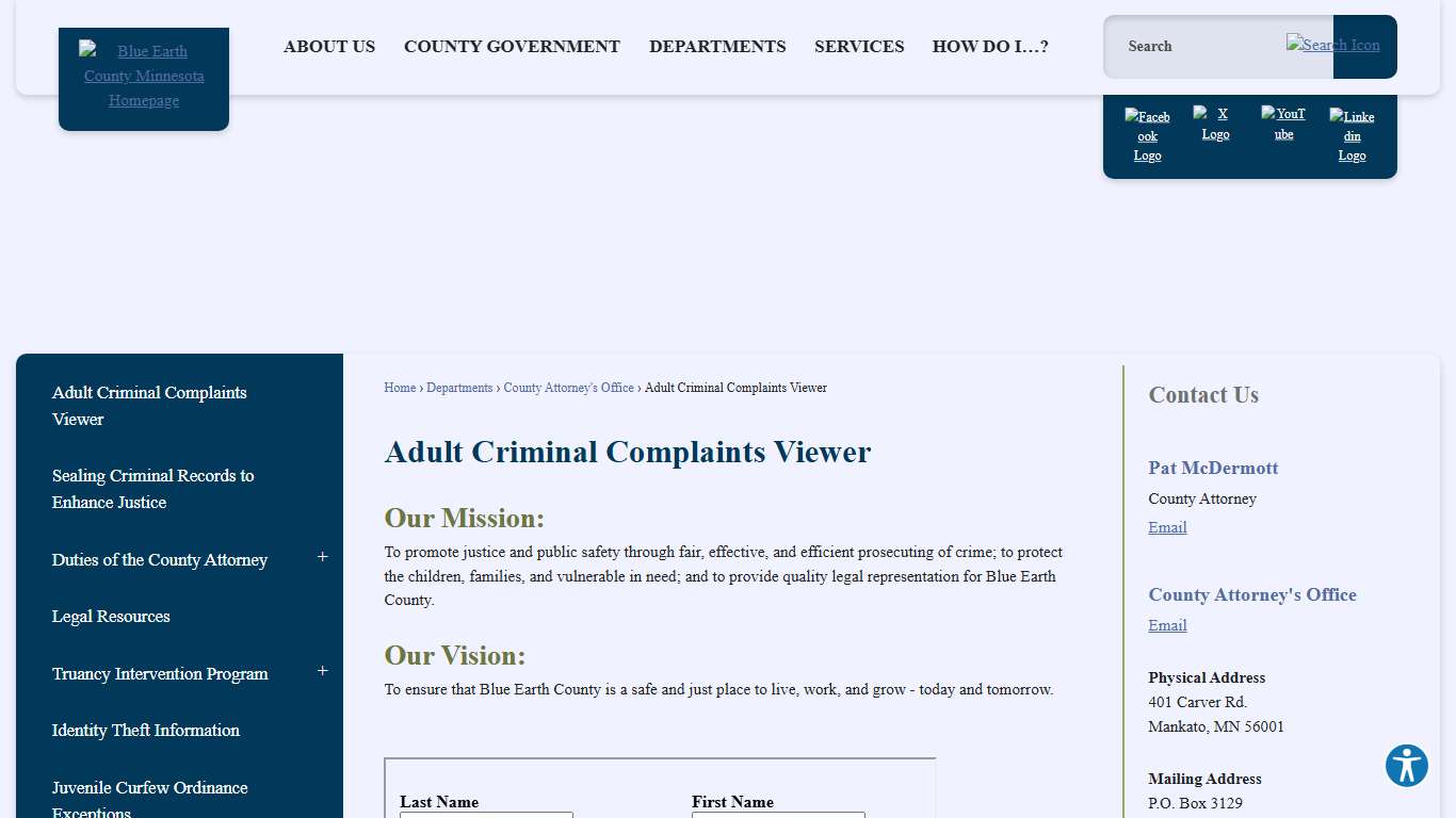 Adult Criminal Complaints Viewer Blue Earth County, MN - Official Website
